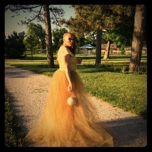 Gold Lace Appliquéd Evening Jumpsuit Prom Gown